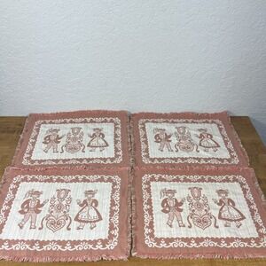 Vintage Set Of 4 Austrian Placemats Pink Fringe Woven Folk Art Cotton/Linen